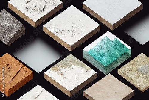 Blank nature textured cube mockup set, isolated, . Empty cuboid with nature material surface mock up. Clear snow, water, stone, grass, sand and wood form imitation template. photo