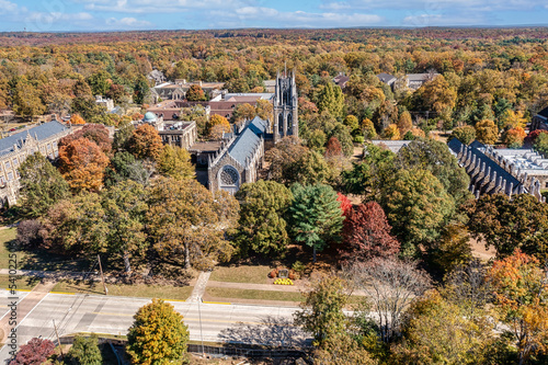 The University of the South in Sewanee Tennessee aerial view of the tower, chapel and the observatory on the Cumberland Plateau Mountain. Beautiful October autumn day with fall colorful foliage. photo