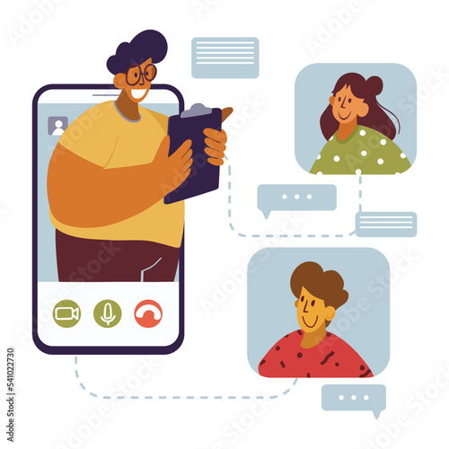 A man from the smartphone screen reads or reports something to his interlocutors. Online conference, video chat, online training, presentation. Online learning, business confirens and other