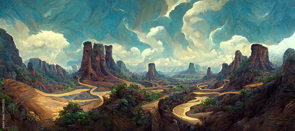 Grandiose canyon valley with tall brown sandstone cliffs, rock formations and sparse semi desert vegetation. Arid dry and hot landscape climate - surreal epic turbulent rain storm clouds. - obrazy, fototapety, plakaty 