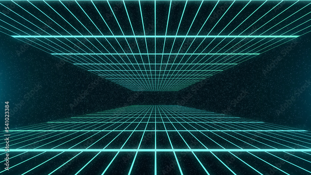 Retro style Sci-Fi future synthwave background. Futuristic Perspective Grid Landscape. Digital Cyber Surface. Suitable for design party flyer, banner, poster or cover style 80s or 90s. 3D illustration