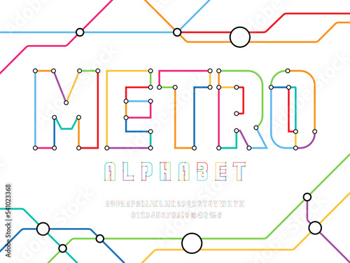 Colorful metro line styled alphabet design with uppercase, numbers and symbols