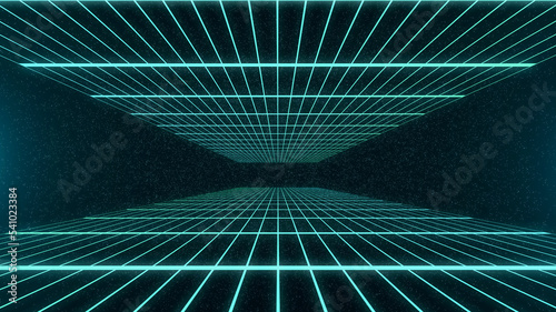 Obraz na płótnie Retro style Sci-Fi future synthwave background. Futuristic Perspective Grid Landscape. Digital Cyber Surface. Suitable for design party flyer, banner, poster or cover style 80s or 90s. 3D illustration w salonie