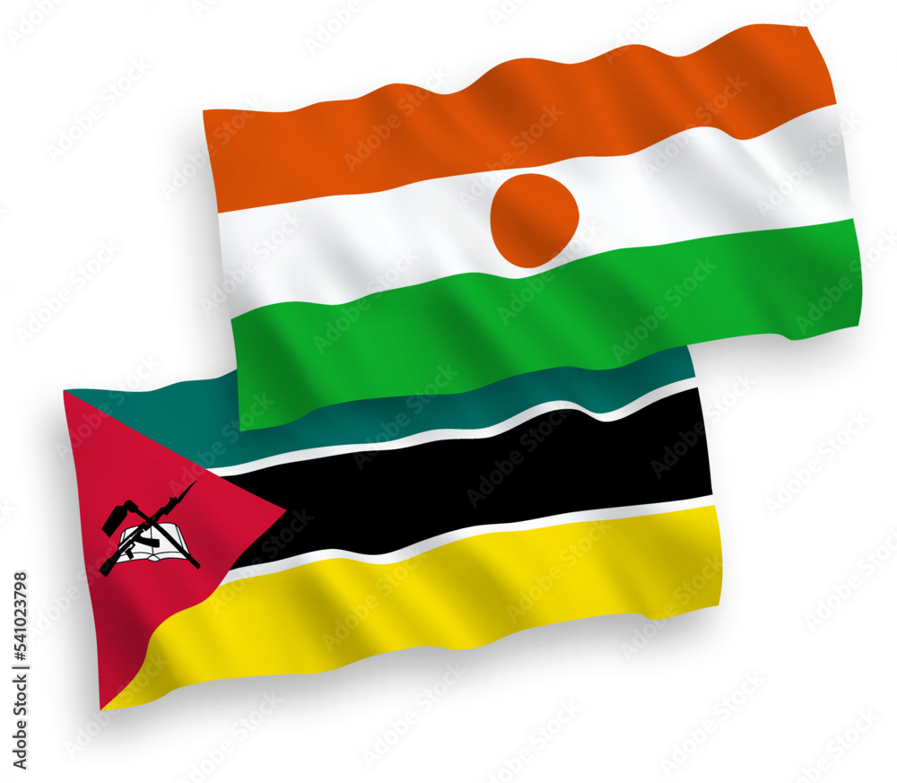 National vector fabric wave flags of Republic of the Niger and Republic of Mozambique isolated on white background. 1 to 2 proportion. National vector fabric wave flags of Republic of the Niger and Republic of Mozambique isolated on white background. 1 to 2 proportion.