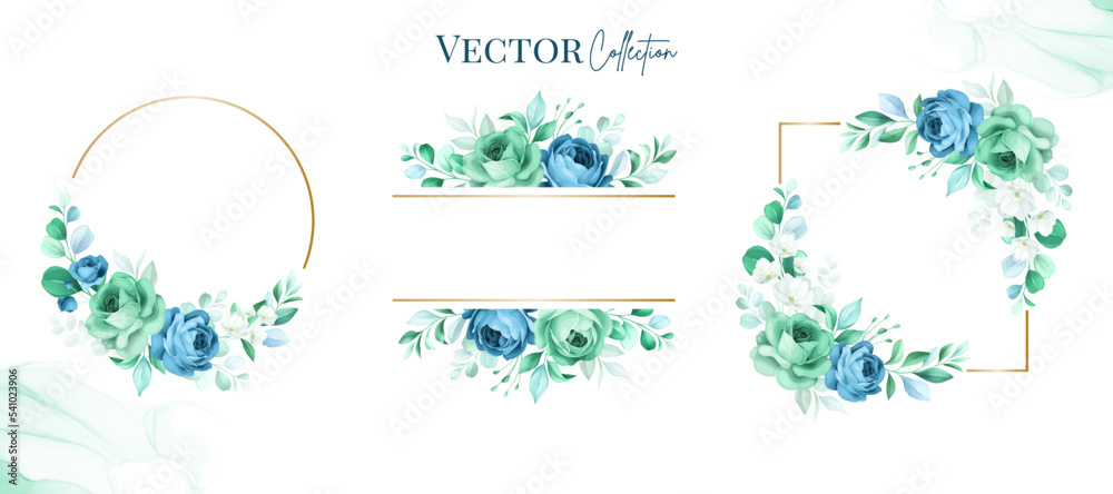 Rose flower watercolor frame wreath with gold frame design bouquet flower design vector
