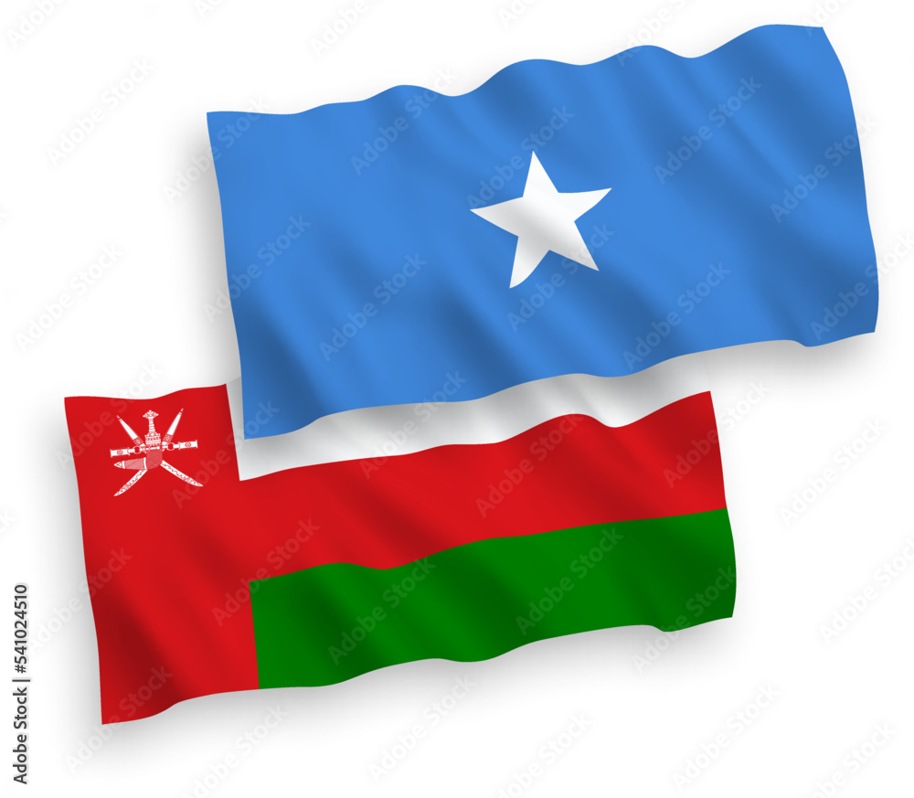 National vector fabric wave flags of Sultanate of Oman and Somalia isolated on white background. 1 to 2 proportion. National vector fabric wave flags of Sultanate of Oman and Somalia isolated on white background. 1 to 2 proportion.