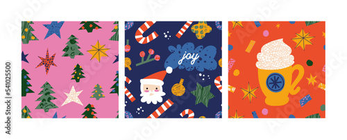 Vector set of Christmas seamless patterns with different traditional decoration in contemporary modern trendy style.