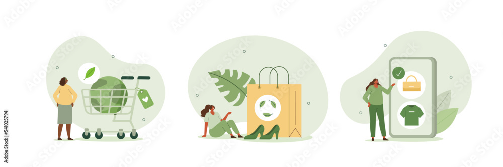 Sustainability illustration set. Characters buying recycling eco friendly clothes and textile consciously. Conscious consumption, slow fashion and responsible shopping concept. Vector illustration. - obrazy, fototapety, plakaty 