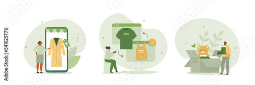Sustainable fashion illustration set. Characters buying recycling eco friendly textile and selling, donating or swapping vintage clothes on online flea market or second hand. Vector illustration.