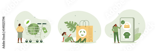 Sustainability illustration set. Characters buying recycling eco friendly clothes and textile consciously. Conscious consumption, slow fashion and responsible shopping concept. Vector illustration. photo