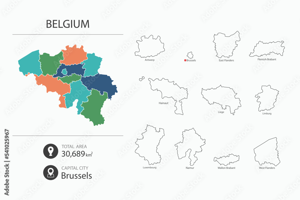 Map of Belgium with detailed country map. Map elements of cities, total areas and capital.