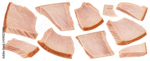 Foto Canned tuna fish pieces isolated on white background