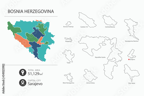 Map of Bosnia Herzegovina with detailed country map. Map elements of cities, total areas and capital.