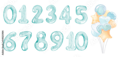 Set of blue balloon numbers for baby boy celebration party, nursery or milestones. Hand-drawn watercolor illustration.