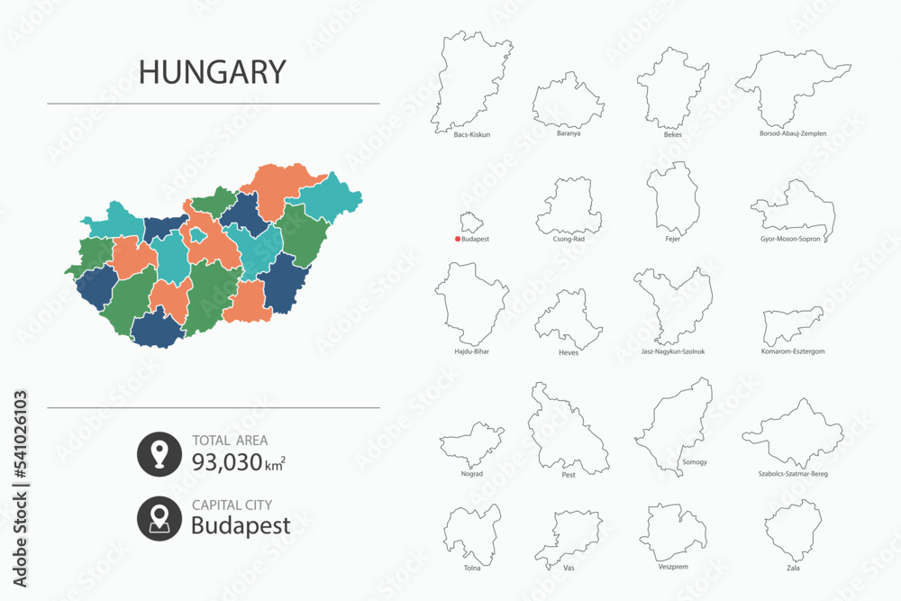 Naklejka premium Map of Hungary with detailed country map. Map elements of cities, total areas and capital.