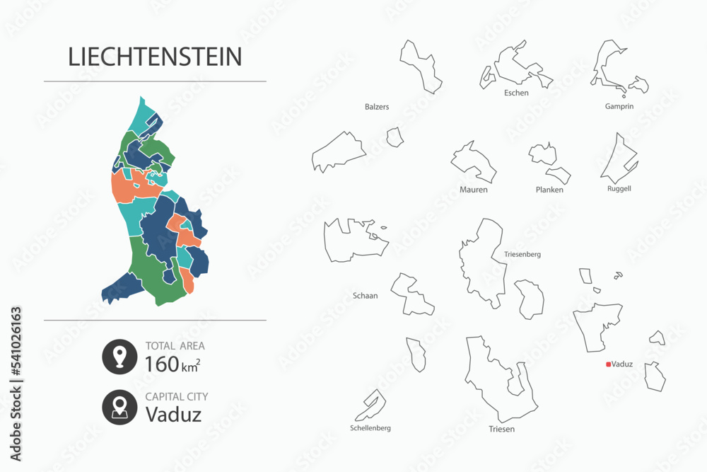 Map of Liechtenstein with detailed country map. Map elements of cities, total areas and capital.