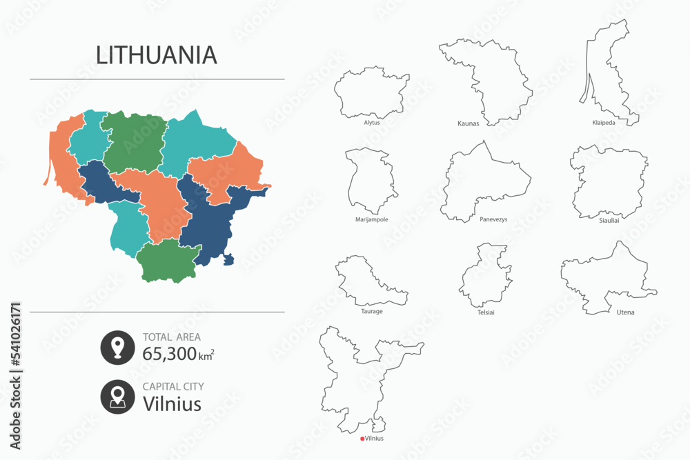 Map of Lithuania with detailed country map. Map elements of cities, total areas and capital.