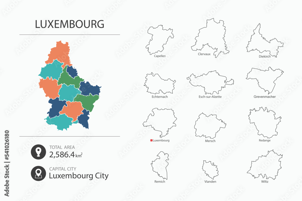 Fototapeta Map of Luxembourg with detailed country map. Map elements of cities, total areas and capital.