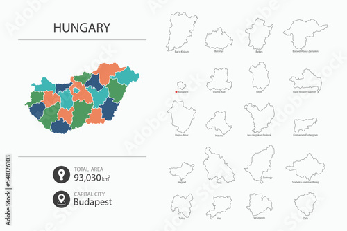 Map of Hungary with detailed country map. Map elements of cities, total areas and capital.