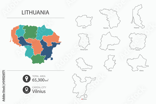 Map of Lithuania with detailed country map. Map elements of cities  total areas and capital.