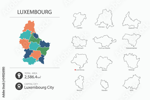 Map of Luxembourg with detailed country map. Map elements of cities  total areas and capital.