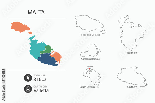 Map of Malta with detailed country map. Map elements of cities, total areas and capital.