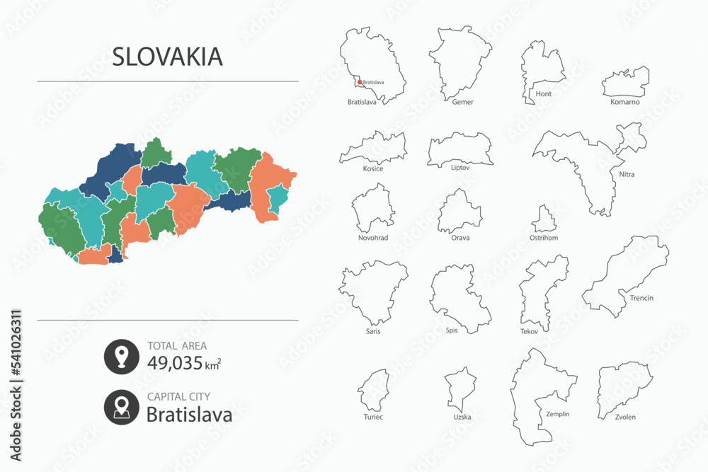 Map of Slovakia with detailed country map. Map elements of cities, total areas and capital.
