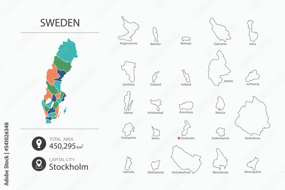 Map of Sweden with detailed country map. Map elements of cities, total areas and capital.