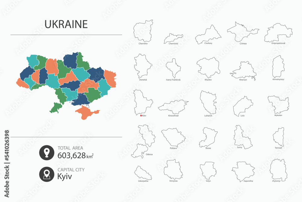 Map of Ukraine with detailed country map. Map elements of cities, total areas and capital.