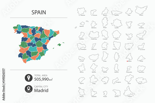 Map of Spain with detailed country map. Map elements of cities, total areas and capital.