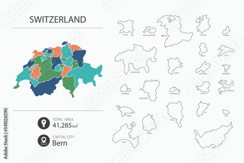Map of Switzerland with detailed country map. Map elements of cities, total areas and capital.