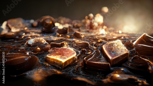 Close up of melted hot chocolate pieces under golden light