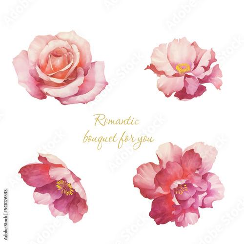 Flowers watercolor illustration.Manual composition.Big Set watercolor elements，Design for textile, wallpapers，Element for design,
Greeting card