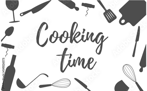 cooking time. hand drawn positive lettering phrase about kitchen and bakery isolated on the white background. Fun brush ink vector quote for cooking banners, greeting card, poster design.