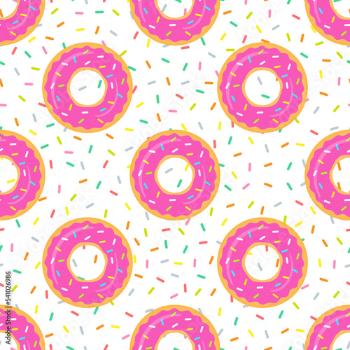 Cute pink donut seamless pattern. Sweet berry glazed donuts collection. Unhealthy food. Vector isolated on white background.