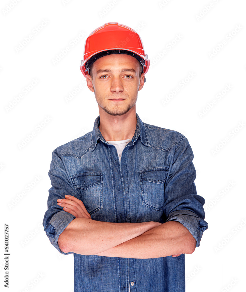 Construction worker man in helmet isolated on white background. Construction worker man in helmet isolated on white background.
