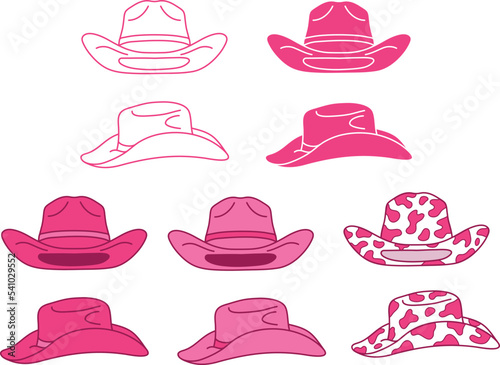 Pink Cowboy Hat Bachelorette Clipart Set - Outline, Silhouette and Color