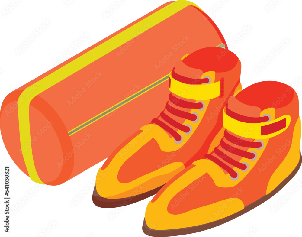 Sport accessory icon isometric vector. New red karting shoe and tire bag icon. Sport and active recreation concept Sport accessory icon isometric vector. New red karting shoe and tire bag icon. Sport and active recreation concept