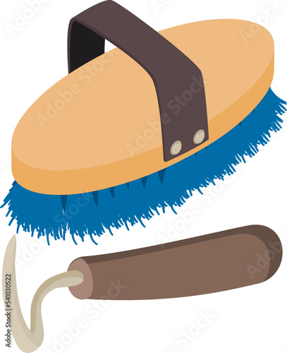 Equestrian accessory icon isometric vector. Horse grooming brush and hoof pick. Horseback riding, hobby