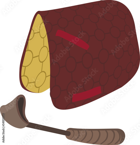 Equestrian concept icon isometric vector. Brown saddle pad and jockey stick icon. Horseback riding, hobby