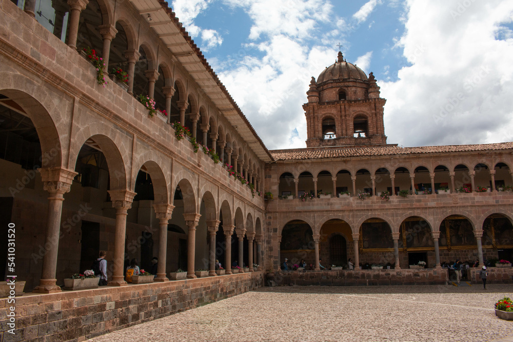 Inner courtyard, with a view of the corridors with arches and columns in Qorikancha, Church and Convent of Santo Domingo de Guzmán, in Cusco. 