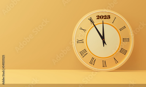 3d time clock with the 2023 year number and calendar on yellow background with copyspace. Classic clock, HAPPY NEW YEAR, or business 2023 concept. 3D rendering illustration.