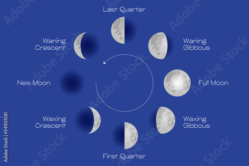 Moon phases scheme sphere shadow cycle astronomy icon set. Vector Illustration background
