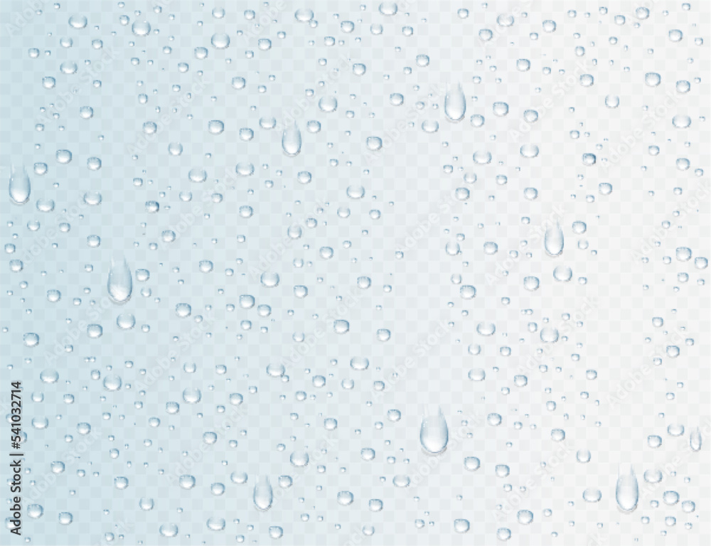Vector rain drops or steam shower on window glass surface for your design. Realistic pure droplets and water bubbles condensed on the glass background