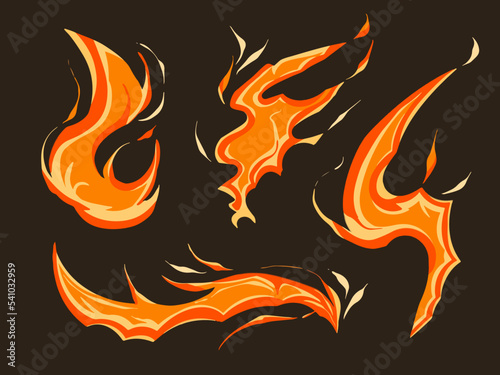 Set of fire flames burning hot graphic resources element decoration vector illustration. Cartoon flat art style decor of natural hot element.