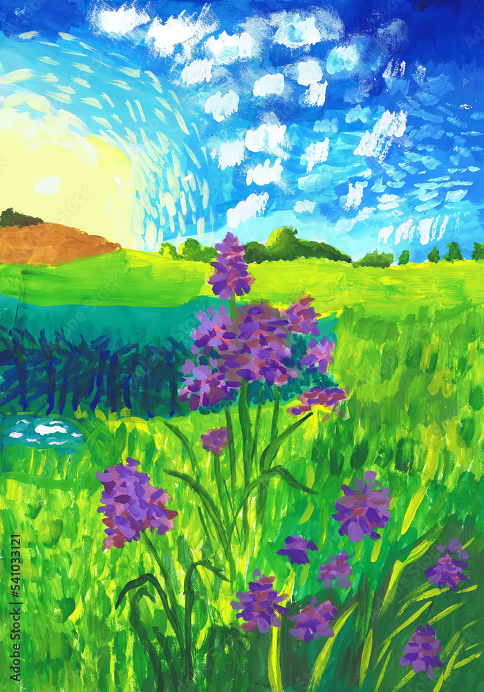 Purple flowers on a bright summer day. Children's drawing