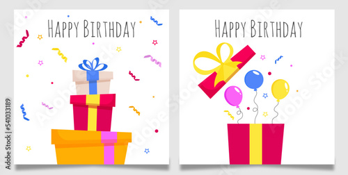 Birthday card set with color gift boxes and balloons. © Katerina