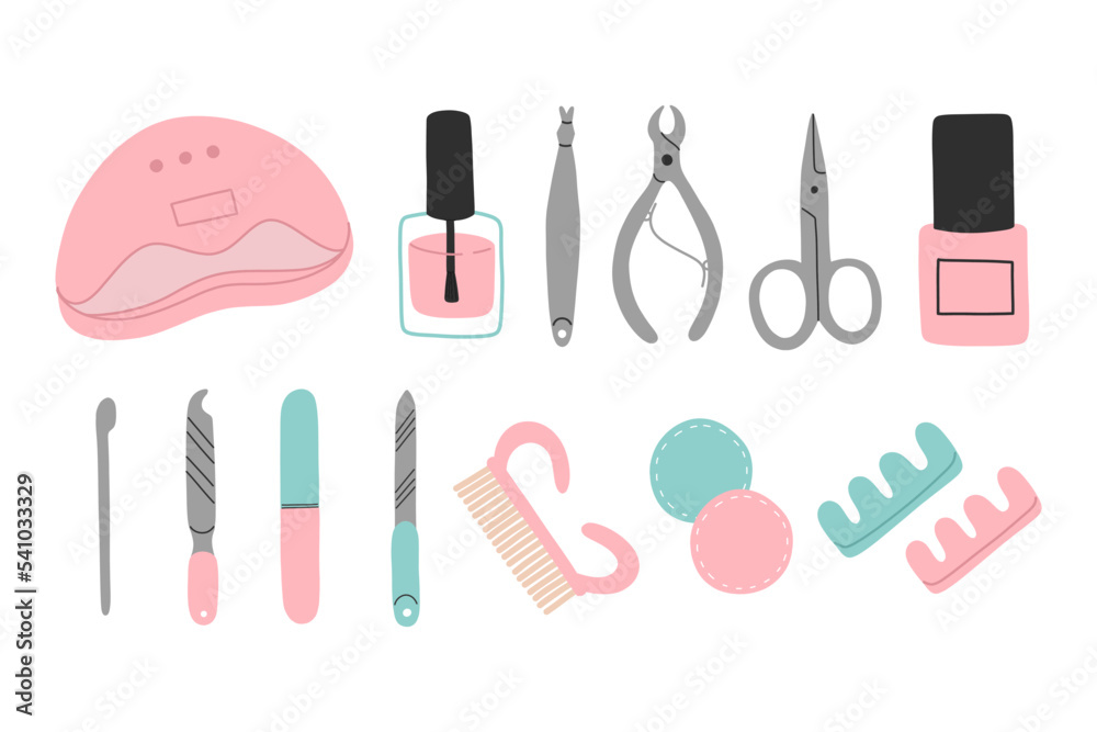 Set of manicure and nail care tools.Nail scissors, nail file, tweezers, nail polish, hand cream, polish remover, brush etc. Set of manicure and nail care tools.Nail scissors, nail file, tweezers, nail polish, hand cream, polish remover, brush etc.