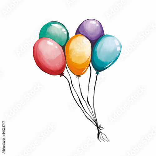 Colorful balloons isolated on white background. Vector illustration isolated with colorful watercolor aquarelle brush stroke textured drawing.