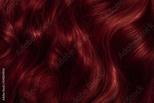 Dark red hair close-up as a background. Women's long brown hair. Beautifully styled wavy shiny curls. Coloring hair with bright shades. Hairdressing procedures, extension.